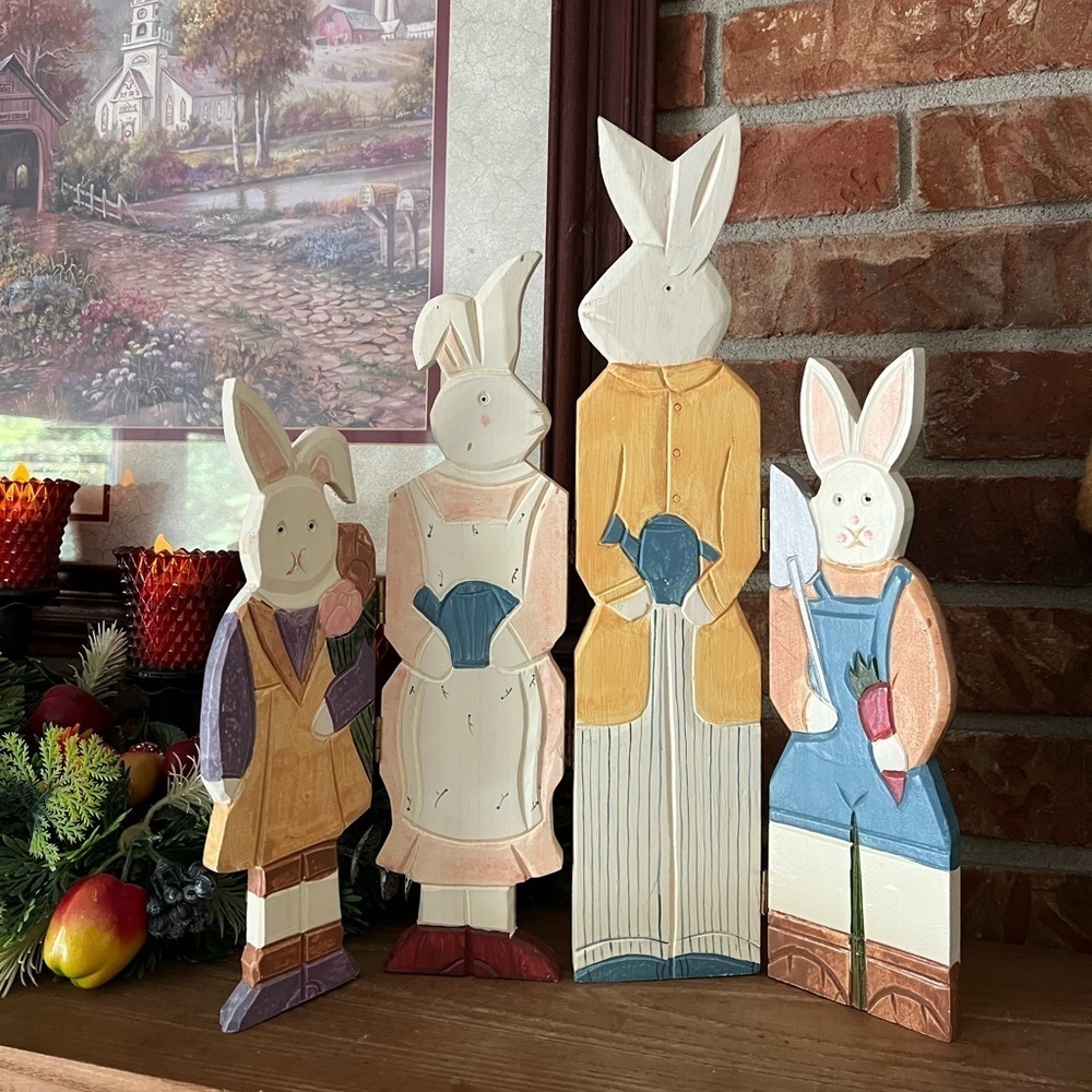 Vintage Handmade Bunny Rabbit Family Garden Hand painted 15" Standing Wood Decor
